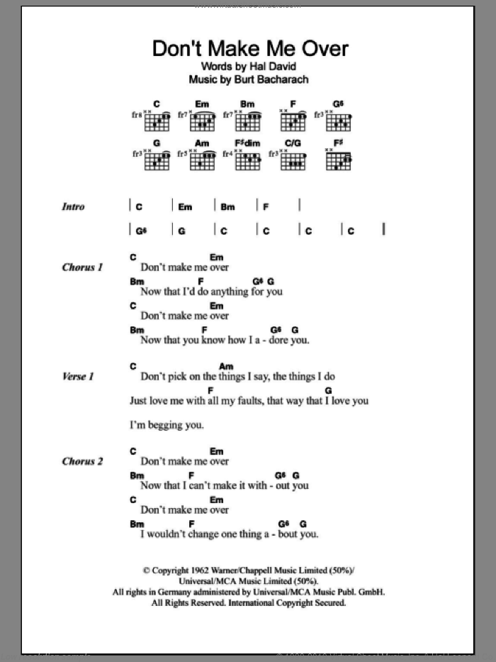 Don't Make Me Over sheet music for guitar (chords) by Dionne Warwick, Burt Bacharach and Hal David, intermediate skill level