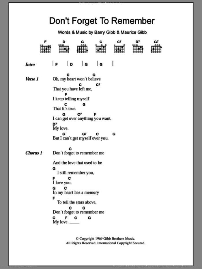 Don't Forget To Remember sheet music for guitar (chords) by Bee Gees, Barry Gibb and Maurice Gibb, intermediate skill level