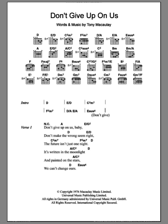 Don't Give Up On Us sheet music for guitar (chords) by David Soul and Tony Macaulay, intermediate skill level