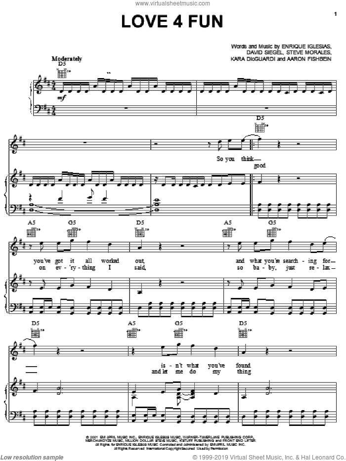 Love 4 Fun sheet music for voice, piano or guitar by Enrique Iglesias, Aaron Fishbein and David Siegel, intermediate skill level