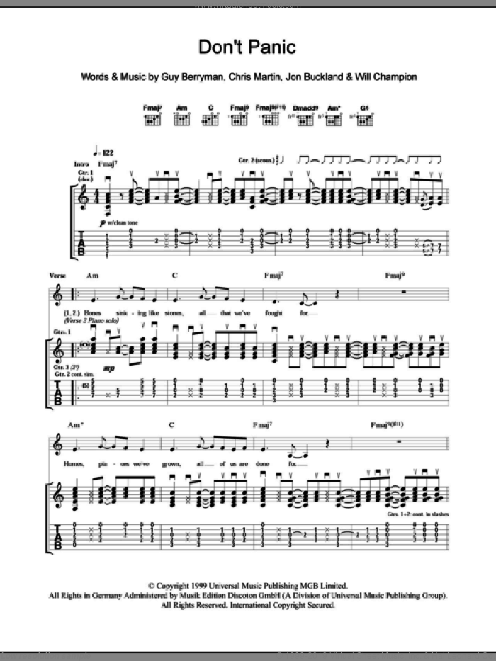 Don't Panic sheet music for guitar (tablature) by Coldplay, Chris Martin, Guy Berryman, Jon Buckland and Will Champion, intermediate skill level