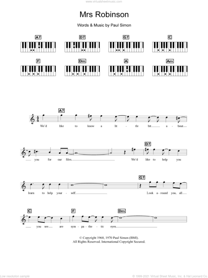 Mrs. Robinson sheet music for piano solo (chords, lyrics, melody) by Simon & Garfunkel and Paul Simon, intermediate piano (chords, lyrics, melody)