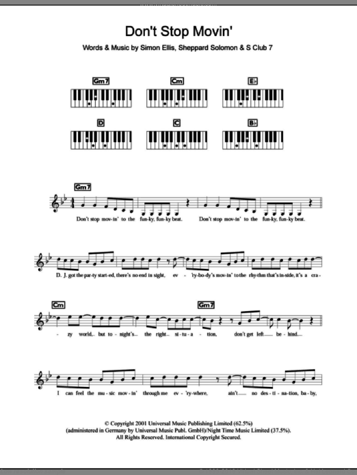 Don't Stop Movin' sheet music for piano solo (chords, lyrics, melody) by S Club 7, Sheppard Solomon and Simon Ellis, intermediate piano (chords, lyrics, melody)