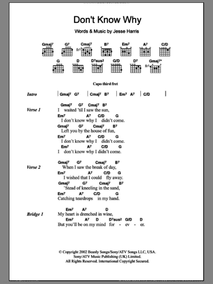 Don't Know Why sheet music for guitar (chords) by Regina Gilberto, Norah Jones and Jesse Harris, intermediate skill level