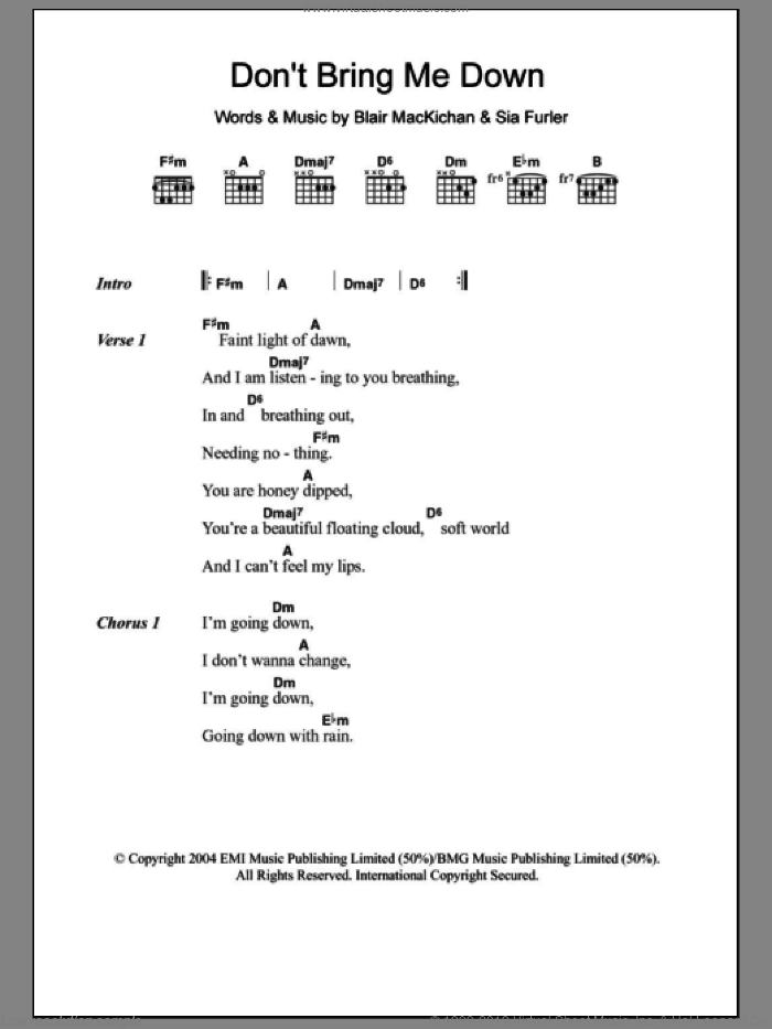Don't Bring Me Down sheet music for guitar (chords) by Sia and Blair MacKichan, intermediate skill level