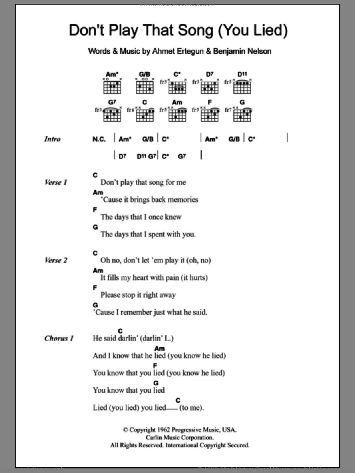 Don't Play That Song (You Lied) sheet music for guitar (chords) by Aretha Franklin, Ahmet Ertegun and Benjamin Nelson, intermediate skill level