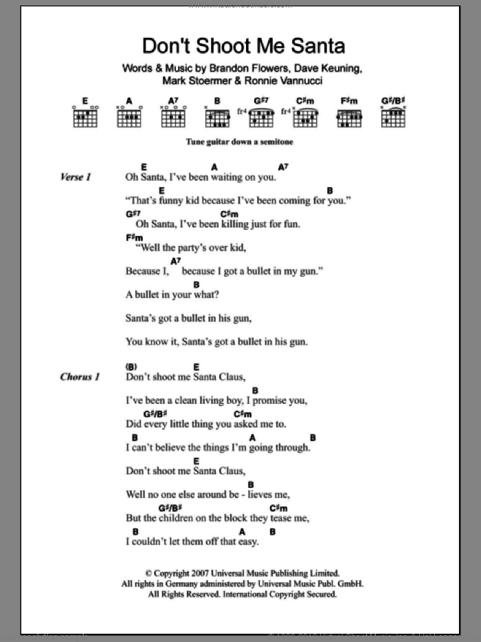 Don't Shoot Me Santa sheet music for guitar (chords) by The Killers, Brandon Flowers, Dave Keuning, Mark Stoermer and Ronnie Vannucci, intermediate skill level