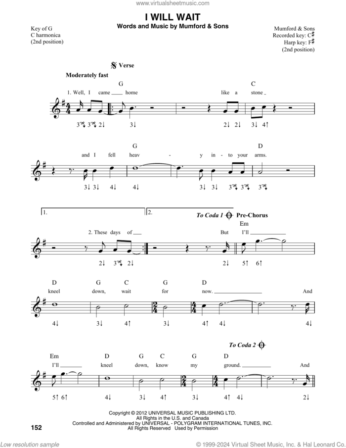 I Will Wait sheet music for harmonica solo by Mumford & Sons, intermediate skill level