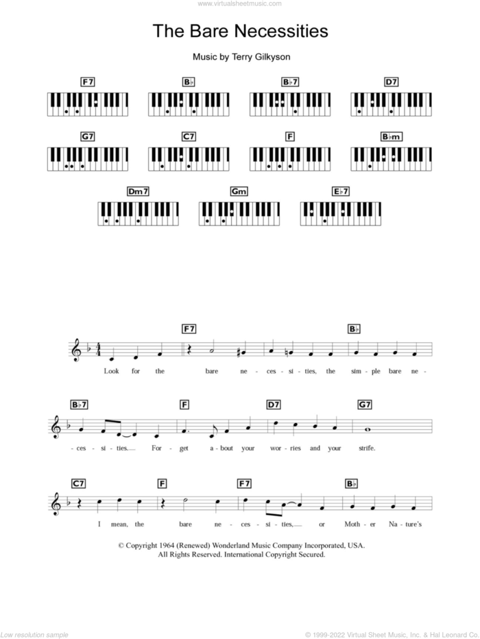The Bare Necessities (from The Jungle Book) sheet music for piano solo (chords, lyrics, melody) by Terry Gilkyson, intermediate piano (chords, lyrics, melody)