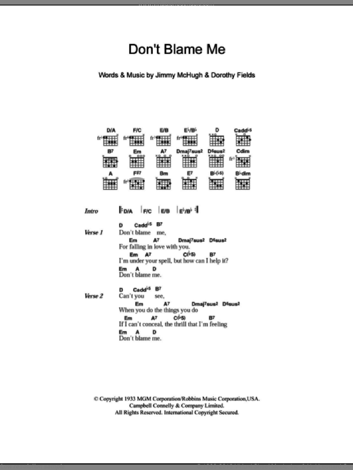 Don't Blame Me sheet music for guitar (chords) by Dorothy Fields and Jimmy McHugh, intermediate skill level