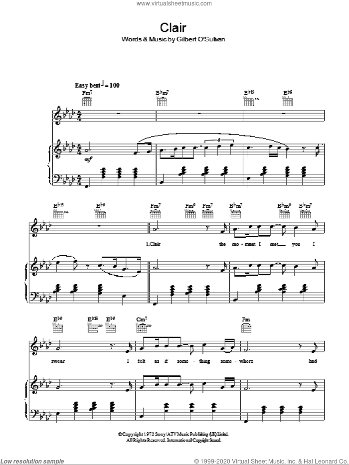 Clair sheet music for voice, piano or guitar by Gilbert O'Sullivan, intermediate skill level