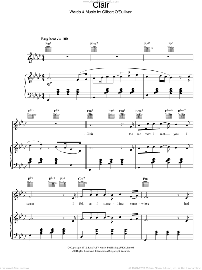 Clair sheet music for voice, piano or guitar by Gilbert O'Sullivan, intermediate skill level