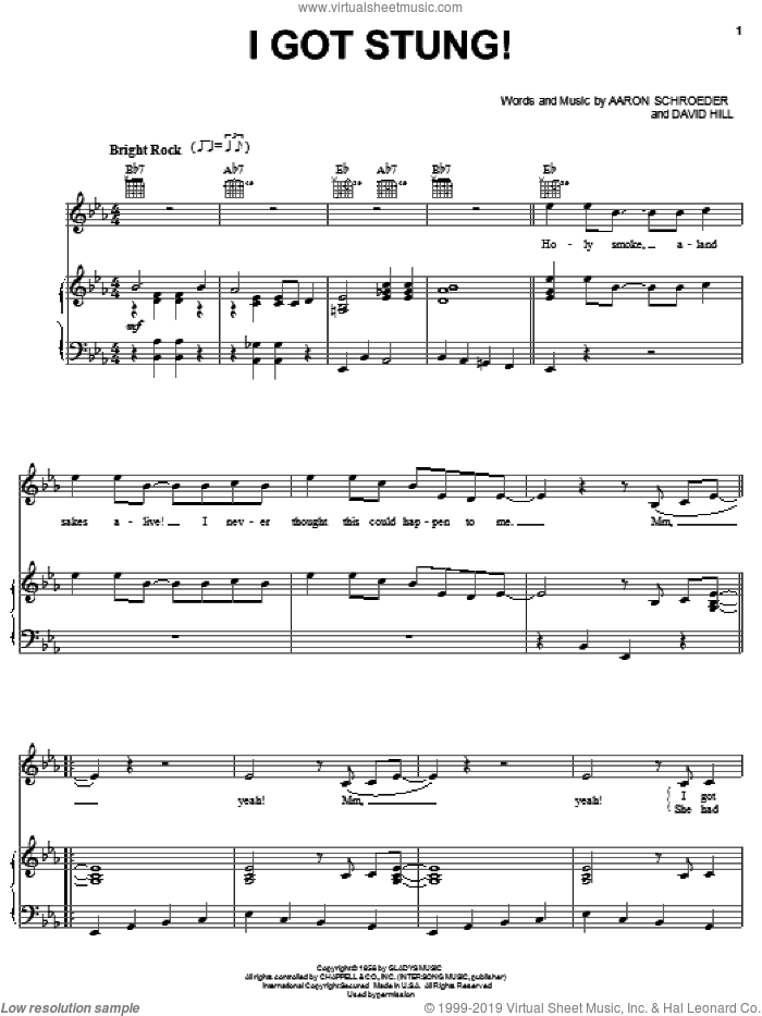 I Got Stung sheet music for voice, piano or guitar by Elvis Presley, Aaron Schroeder and David Hill, intermediate skill level