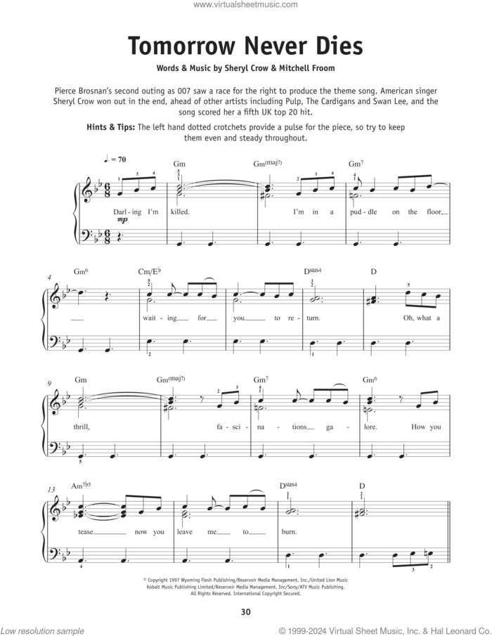 Tomorrow Never Dies, (beginner) sheet music for piano solo by Sheryl Crow and Mitchell Froom, beginner skill level