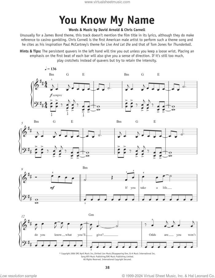 You Know My Name (from Casino Royale) sheet music for piano solo by Chris Cornell and David Arnold, beginner skill level