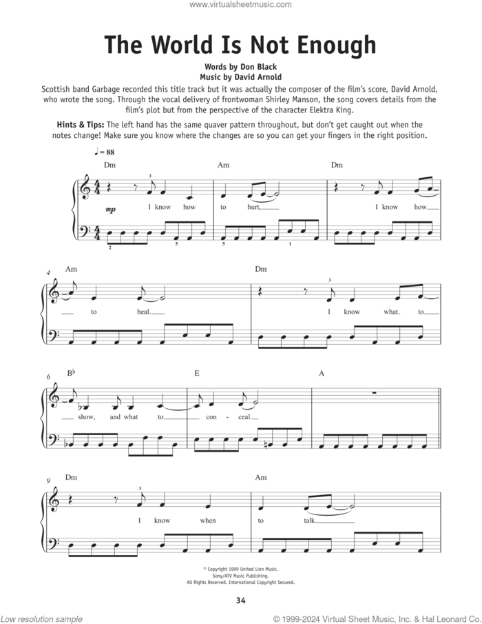 The World Is Not Enough, (beginner) sheet music for piano solo by Garbage, David Arnold and Don Black, beginner skill level