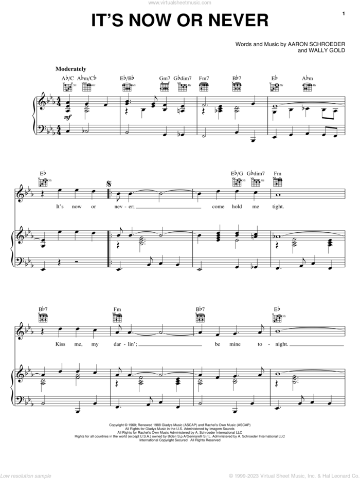 It's Now Or Never sheet music for voice, piano or guitar by Elvis Presley, Aaron Schroeder and Wally Gold, intermediate skill level