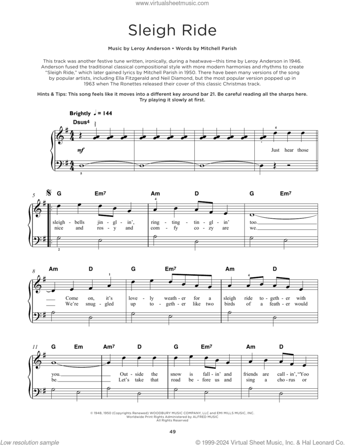 Sleigh Ride sheet music for piano solo by Mitchell Parish and Leroy Anderson, beginner skill level