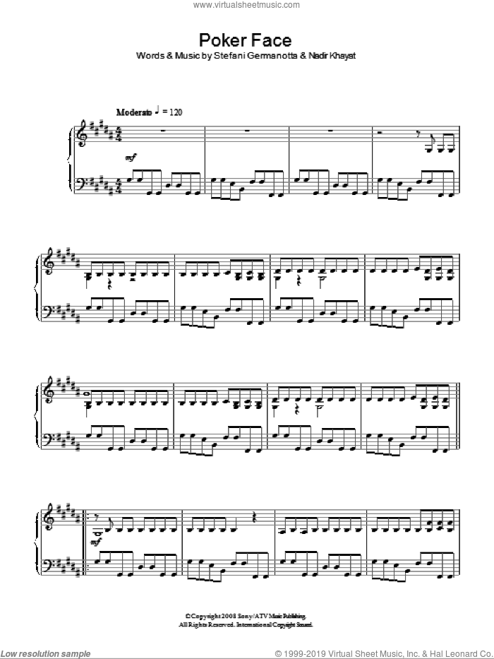 Poker Face sheet music for piano solo by Lady GaGa and Nadir Khayat, intermediate skill level