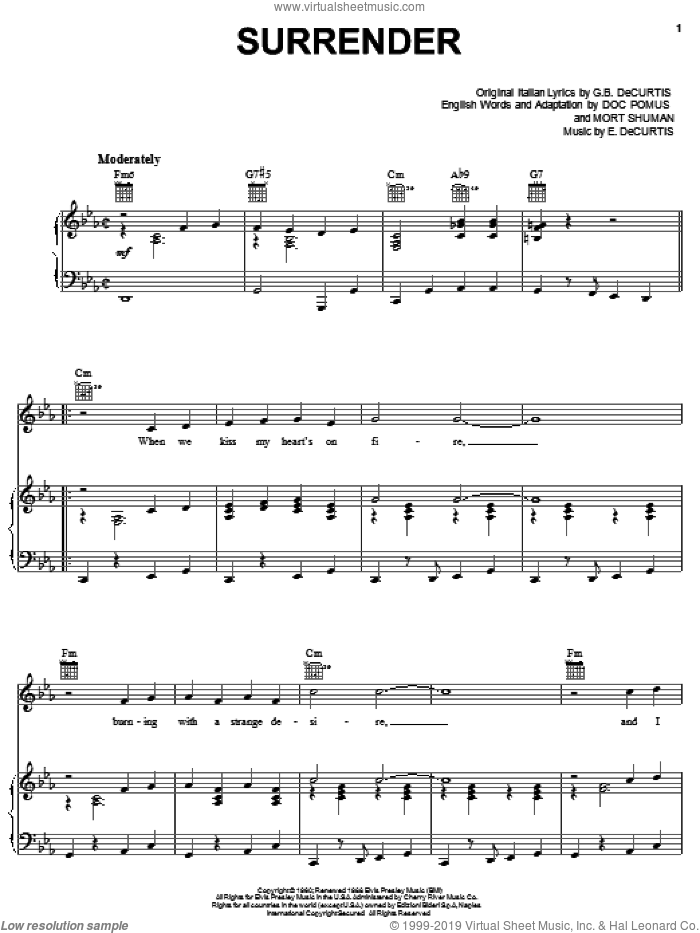 Surrender sheet music for voice, piano or guitar by Elvis Presley, Doc Pomus, E. De Curtis, G.B. De Curtis, Jerome Pomus and Mort Shuman, intermediate skill level