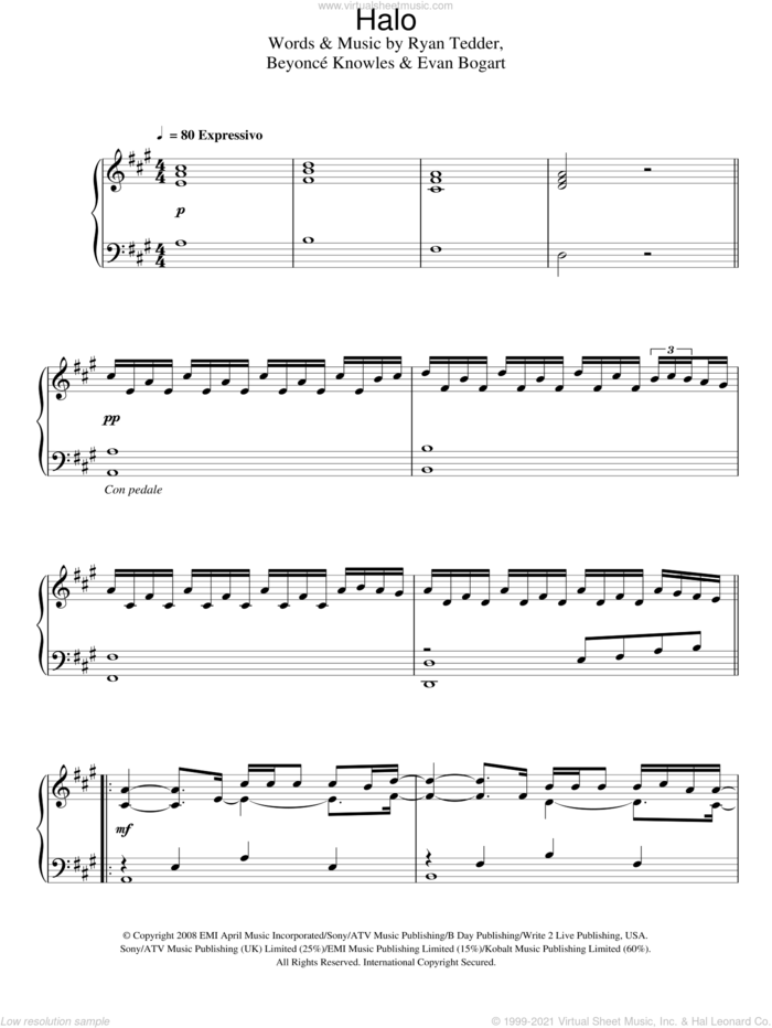 Halo, (intermediate) sheet music for piano solo by Beyonce, Evan Bogart and Ryan Tedder, intermediate skill level