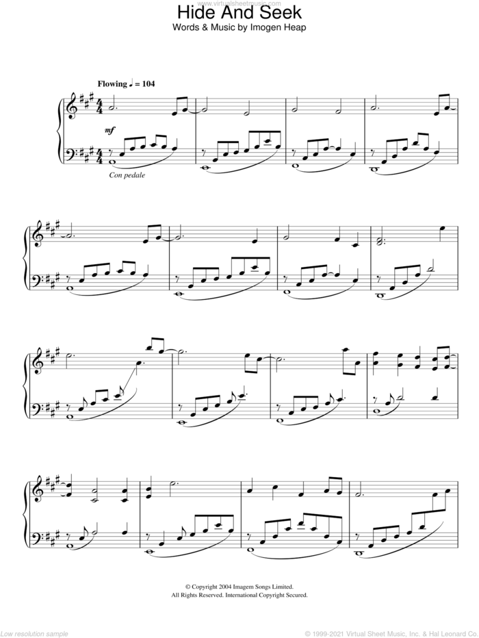 Hide And Seek sheet music for piano solo by Imogen Heap, intermediate skill level