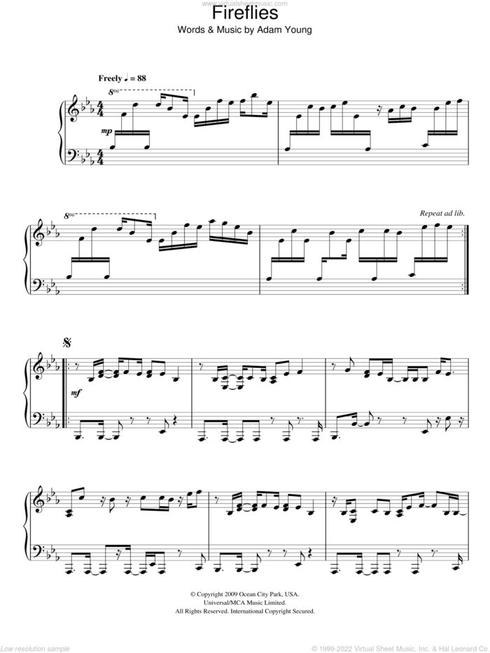 Fireflies, (intermediate) sheet music for piano solo by Owl City and Adam Young, intermediate skill level