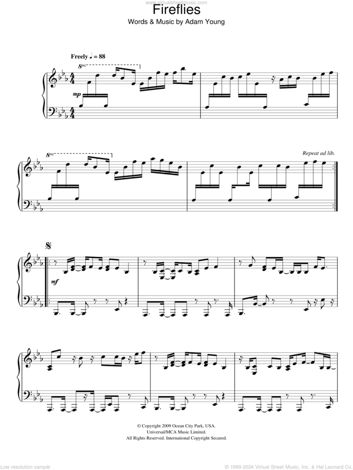 Fireflies, (intermediate) sheet music for piano solo by Owl City and Adam Young, intermediate skill level