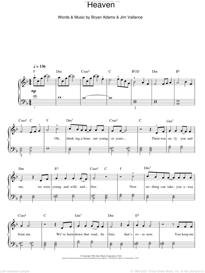 Heaven sheet music for piano solo by Bryan Adams and Jim Vallance, easy skill level