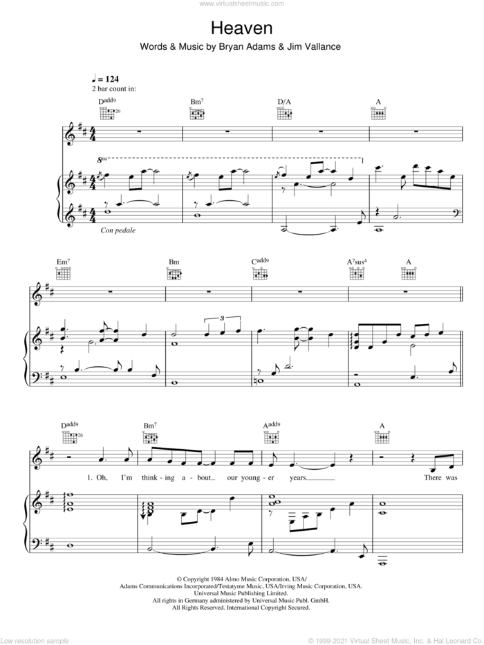 Heaven sheet music for voice, piano or guitar by Bryan Adams and Jim Vallance, intermediate skill level