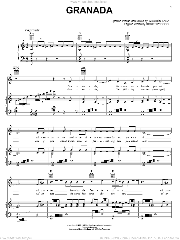 Granada sheet music for voice, piano or guitar by Agustin Lara and Dorothy Dodd, intermediate skill level