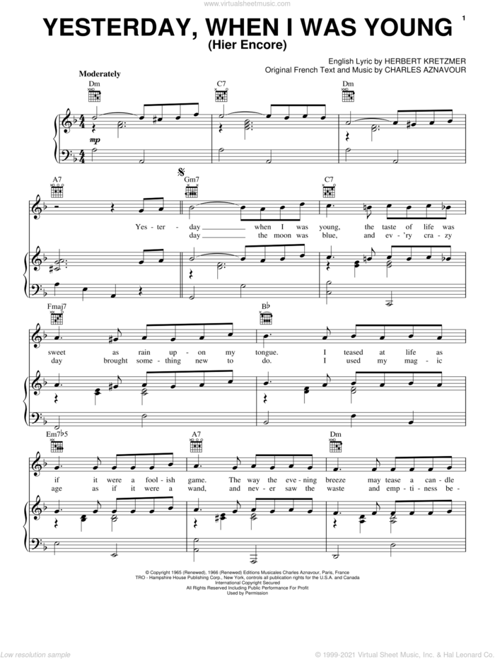Yesterday When I Was Young (Hier Encore) sheet music for voice, piano or guitar by Charles Aznavour and Herbert Kretzmer, intermediate skill level