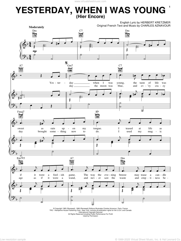 Yesterday When I Was Young (Hier Encore) sheet music for voice, piano or guitar by Charles Aznavour and Herbert Kretzmer, intermediate skill level