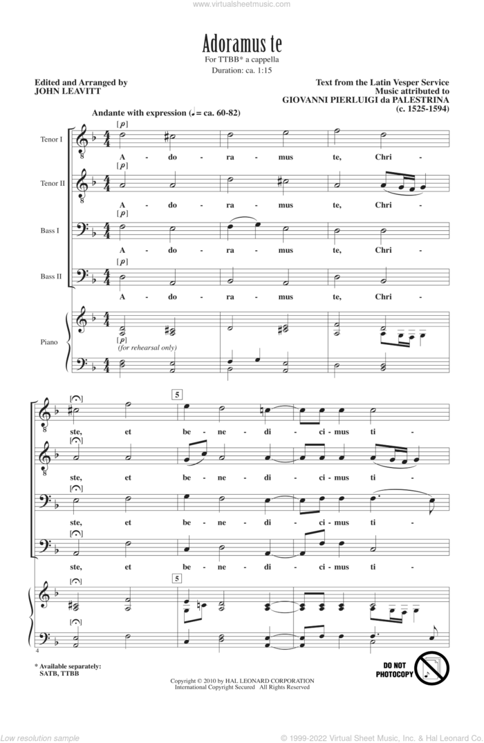 Adoramus Te sheet music for choir (TTBB: tenor, bass) by Giovanni Perluigi Da Palestrina and John Leavitt, intermediate skill level
