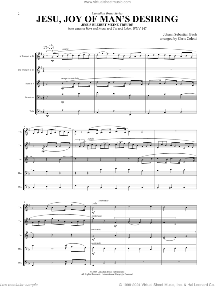 Jesu, Joy of Man's Desiring (COMPLETE) sheet music for brass quintet by Canadian Brass, Chris Coletti and Johann Sebastian Bach, classical score, intermediate skill level