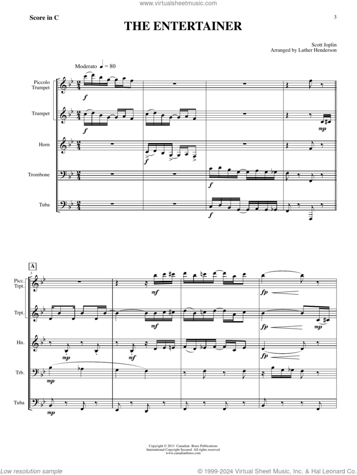 The Entertainer (COMPLETE) sheet music for brass quintet by Canadian Brass, Luther Henderson and Scott Joplin, intermediate skill level