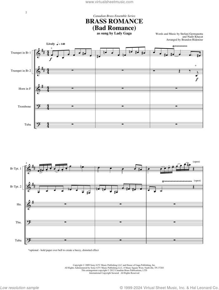 Brass Romance (COMPLETE) sheet music for brass quintet by Canadian Brass, Brandon Ridenour, Lady Gaga and Nadir Khayat, intermediate skill level