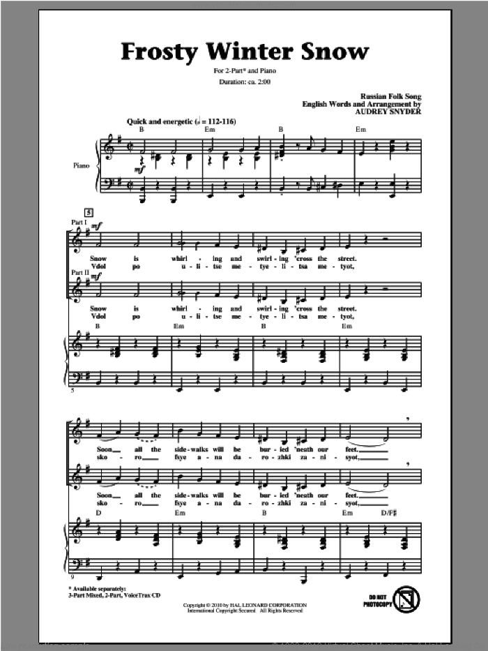 Frosty Winter Snow sheet music for choir (2-Part) by Audrey Snyder and Miscellaneous, intermediate duet
