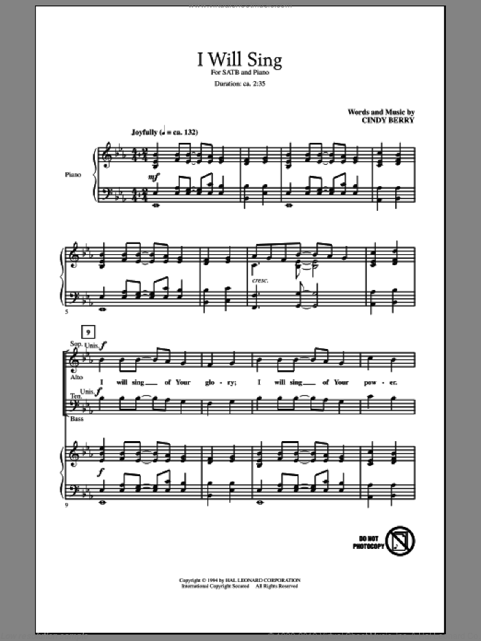 I Will Sing sheet music for choir (SATB: soprano, alto, tenor, bass) by Cindy Berry, intermediate skill level