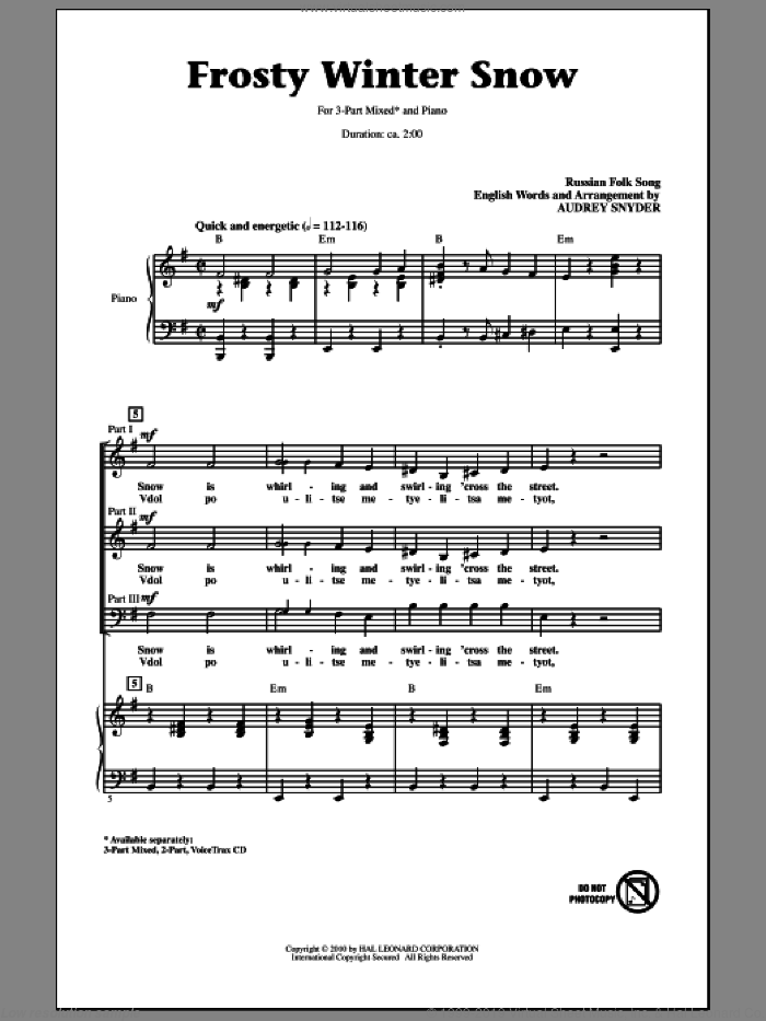 Frosty Winter Snow sheet music for choir (3-Part Mixed) by Audrey Snyder and Miscellaneous, intermediate skill level