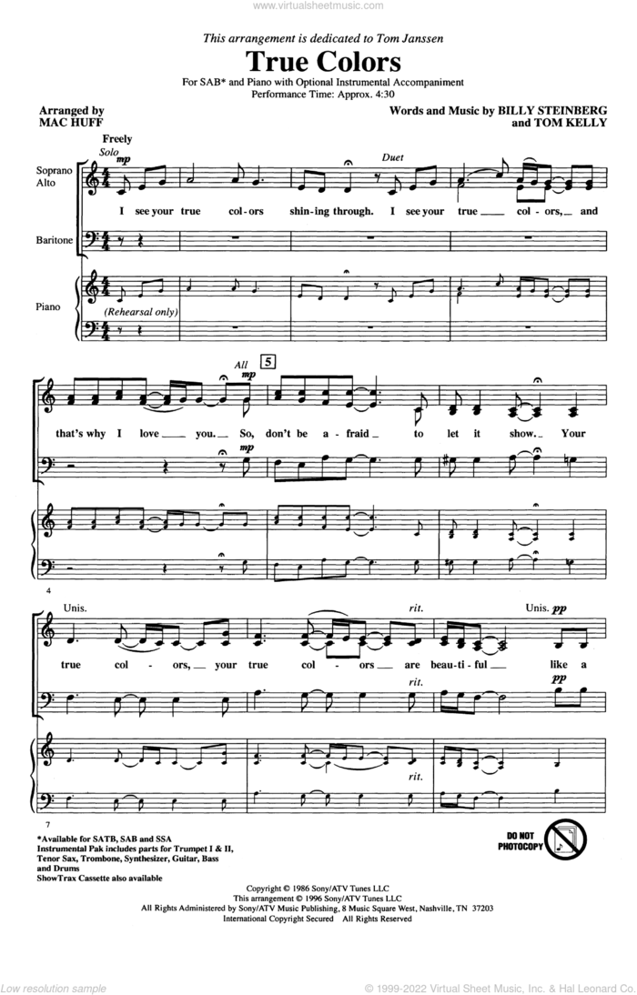 True Colors (arr. Mac Huff) sheet music for choir (SAB: soprano, alto, bass) by Billy Steinberg, Phil Collins, Tom Kelly, Cyndi Lauper and Mac Huff, intermediate skill level