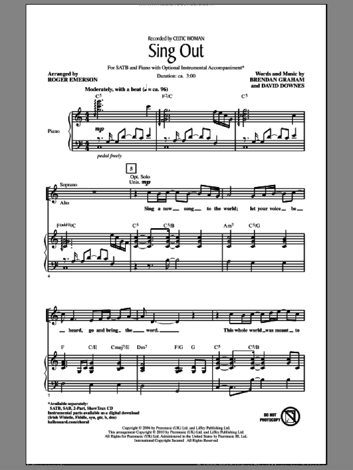 Sing Out sheet music for choir (SATB: soprano, alto, tenor, bass) by Brendan Graham, David Downes, Celtic Woman and Roger Emerson, intermediate skill level