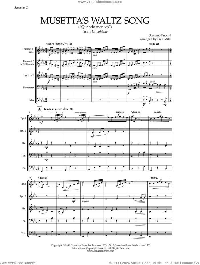 Musetta's Waltz (COMPLETE) sheet music for brass quintet by Canadian Brass, Fred Mills and Giacomo Puccini, classical score, intermediate skill level