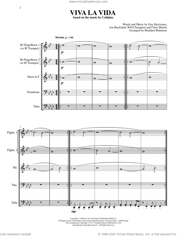 Viva La Vida (COMPLETE) sheet music for brass quintet by Canadian Brass, Brandon Ridenour, Chris Martin, Coldplay, Guy Berryman, Jon Buckland and Will Champion, intermediate skill level