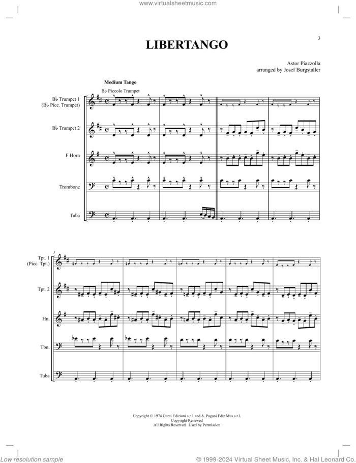 Libertango (COMPLETE) sheet music for brass quintet by Canadian Brass, Astor Piazzolla and Josef Burgstaller, classical score, intermediate skill level