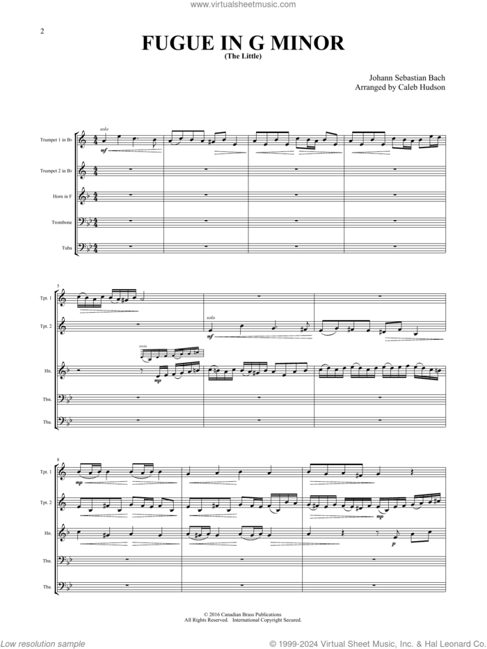 Fugue in G Minor (Intermediate) (COMPLETE) sheet music for brass quintet by Canadian Brass, Caleb Hudson and Johann Sebastian Bach, classical score, intermediate skill level