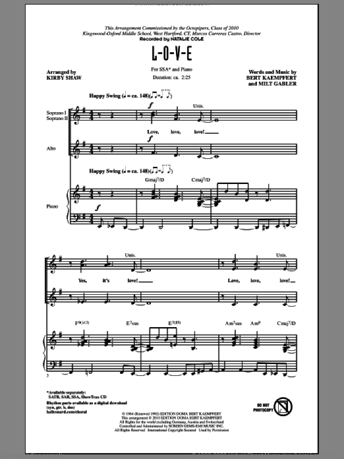 L-O-V-E (arr. Kirby Shaw) sheet music for choir (SSA: soprano, alto) by Bert Kaempfert, Milt Gabler, Kirby Shaw and Natalie Cole, intermediate skill level