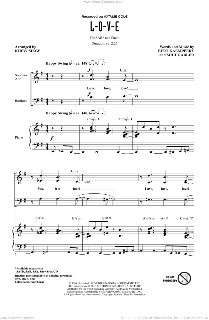 L-O-V-E (arr. Kirby Shaw) sheet music for choir (SAB: soprano, alto, bass) by Bert Kaempfert, Milt Gabler, Kirby Shaw and Natalie Cole, intermediate skill level