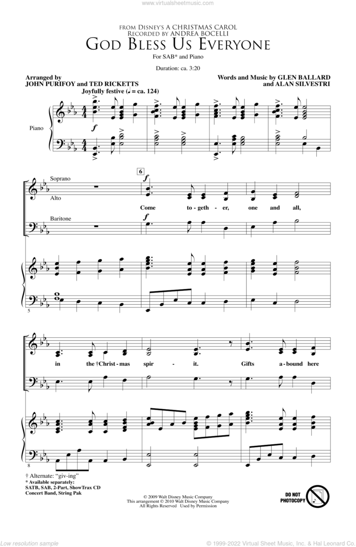 God Bless Us Everyone sheet music for choir (SAB: soprano, alto, bass) by John Purifoy, Andrea Bocelli and Ted Ricketts, intermediate skill level