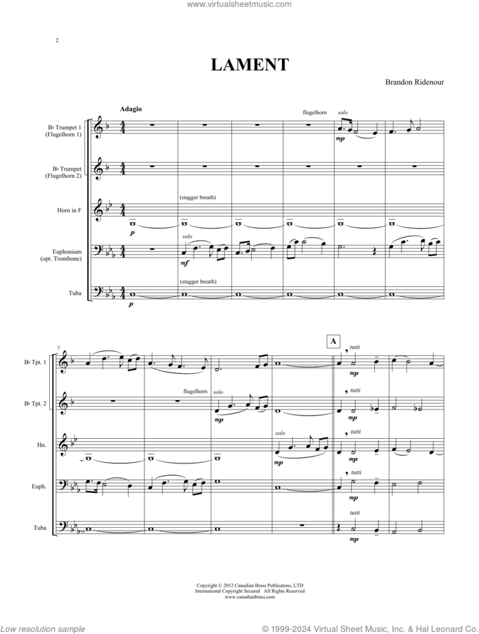 Lament (COMPLETE) sheet music for brass quintet by Canadian Brass and Brandon Ridenour, classical score, intermediate skill level